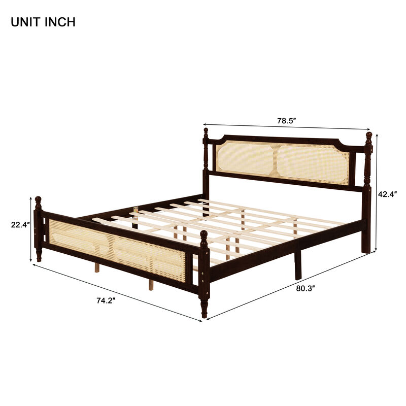 Whisen King Pine Wooden Bed with Rattan Headboard and Footboard, with Central Enhanced Bed Platform image number 9
