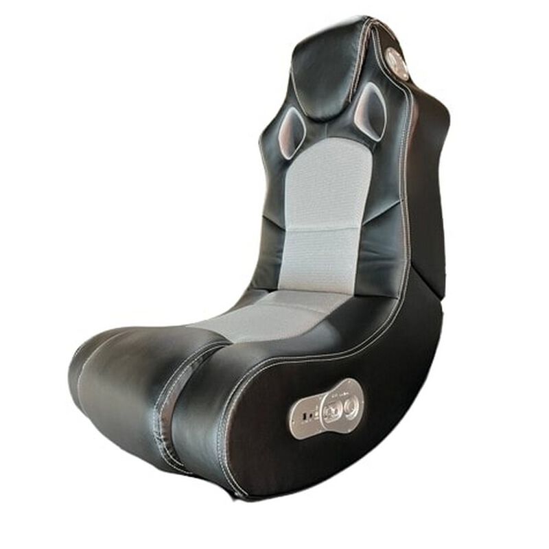Heo 28 Inch Gaming Floor Chair, Speaker, Low Profile, Black Faux Leather - Benzara