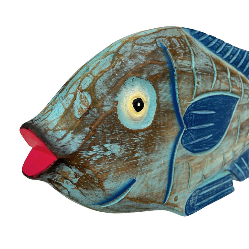 Hand Carved Blue Wooden Fish Statue 19" Nautical Coastal Decor Wood Accent image number 2
