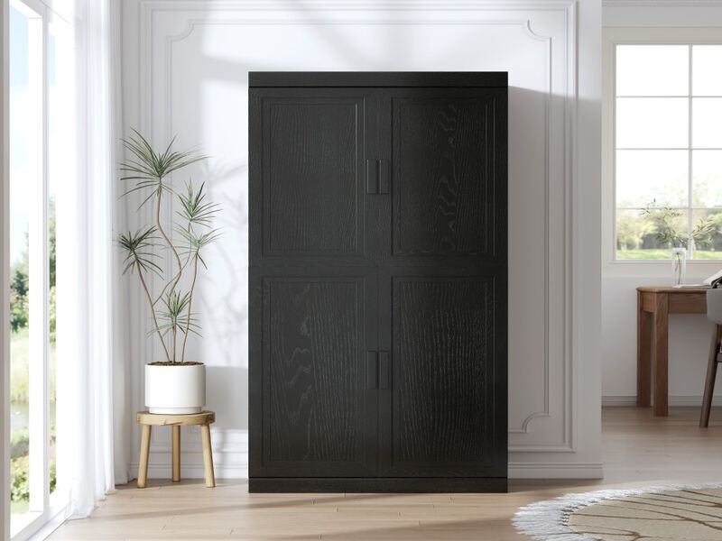 67&rsquo;&rsquo; Black Wood Grain 6-Story Decorative Storage Cabinet with Wicker Door image number 2