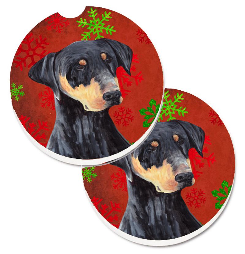 Caroline's Treasures Doberman Red & green Snowflakes Holiday Christmas Set of 2 Cup Holder Car Coasters SC9417CARC, 2.56, Multicolor image number 0