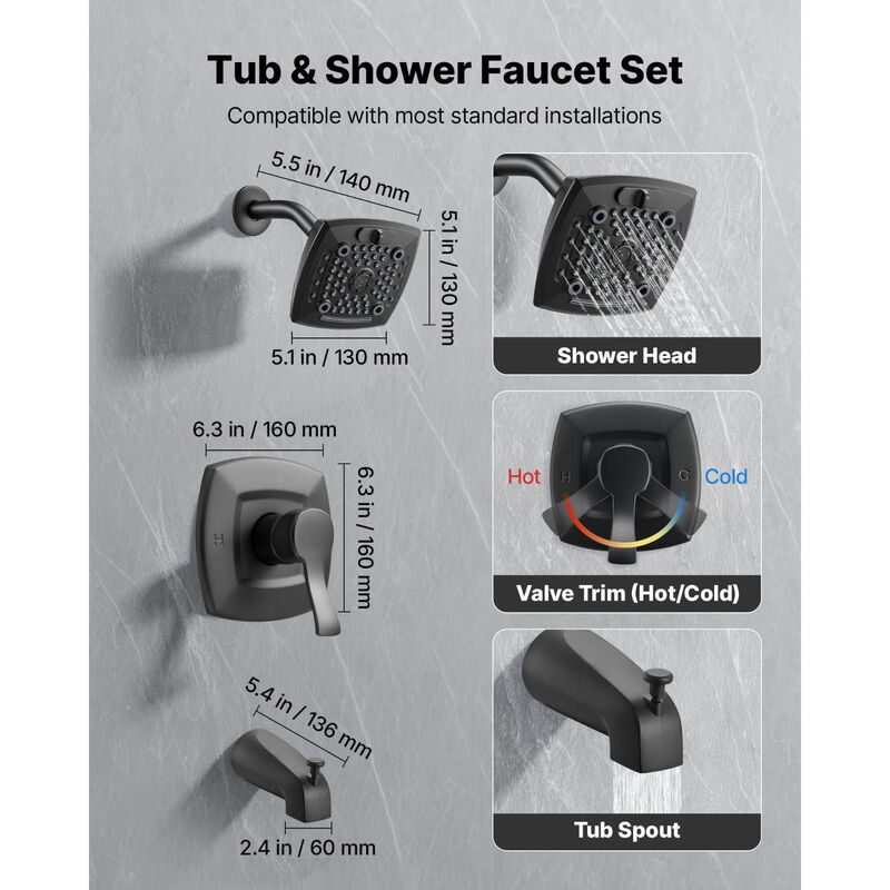 Complete Tub and Shower Faucet Kit with Rainfall Head, Bathtub Spout, Single Handle-Black image number 7