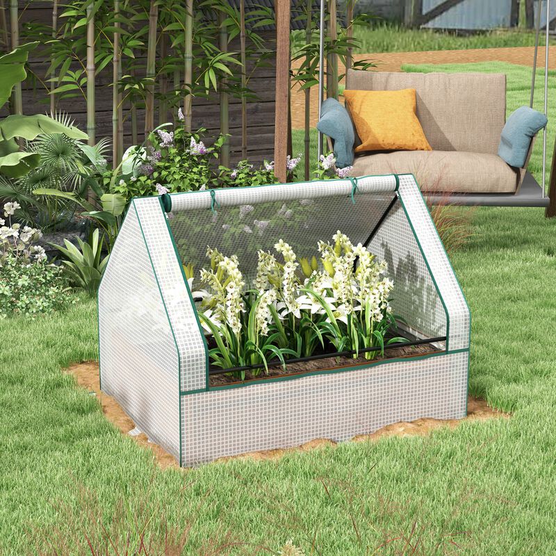 Outsunny 4 x 3 x 3ft Raised Garden Bed with Mini Greenhouse, Galvanized Outdoor Planter Box with Cover, for Herbs and Vegetables, Use for Patio, Garden, Balcony, White Cover and Brown Planter