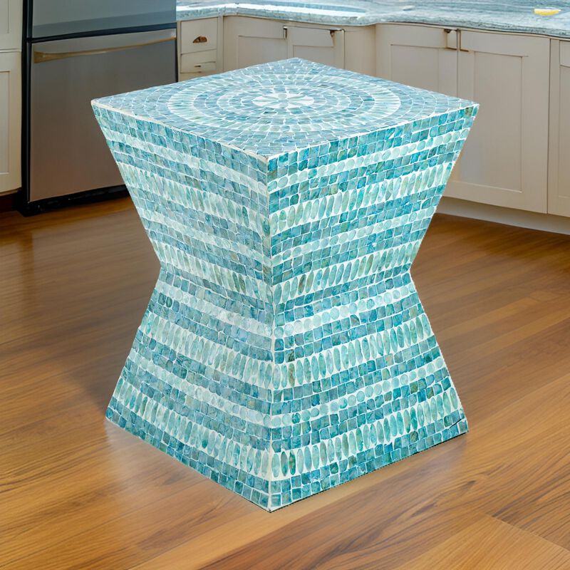 14 Inch Capiz Accent Table Stool, Blue Mosaic Geometric Hourglass Shape