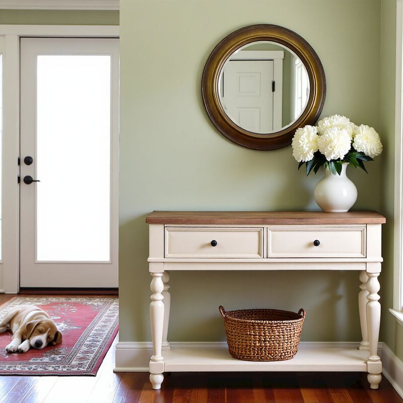Furnifact White Rustic Sideboard Solid Wood Vintage Console Table With Drawers image number 2