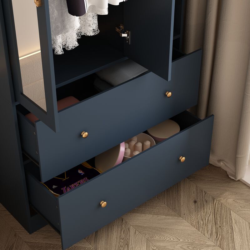 Blue Wood 35.5 in. W Armoires Wardrobe With Mirror, Pulling Hanging Rod, Drawers, Shelves 15.8 in. D x 70.8 in. H