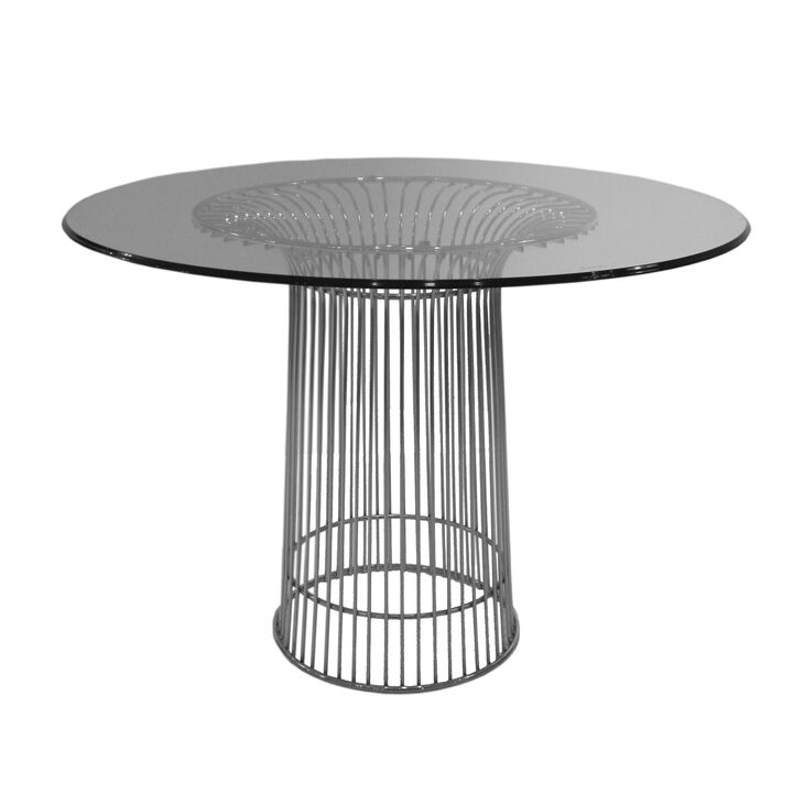 Pima 40 Inch Dining Table, Round Tempered Glass Top, Open Padestal Base - Benzara