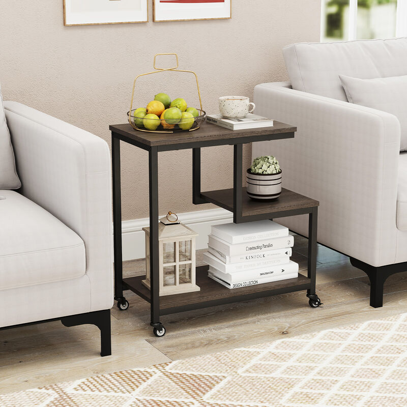 3-Tier Rolling Side Table with G-Shaped Frame and Open Display Shelves