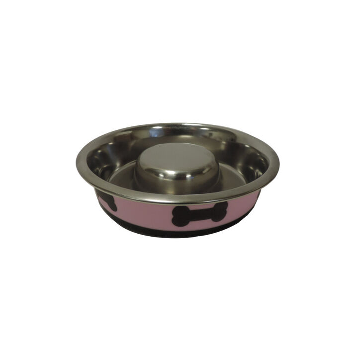 Slow Feeder Spill Proof Pet Bowl with Rubber Base and Bone Design, Pink and Black-Benzara