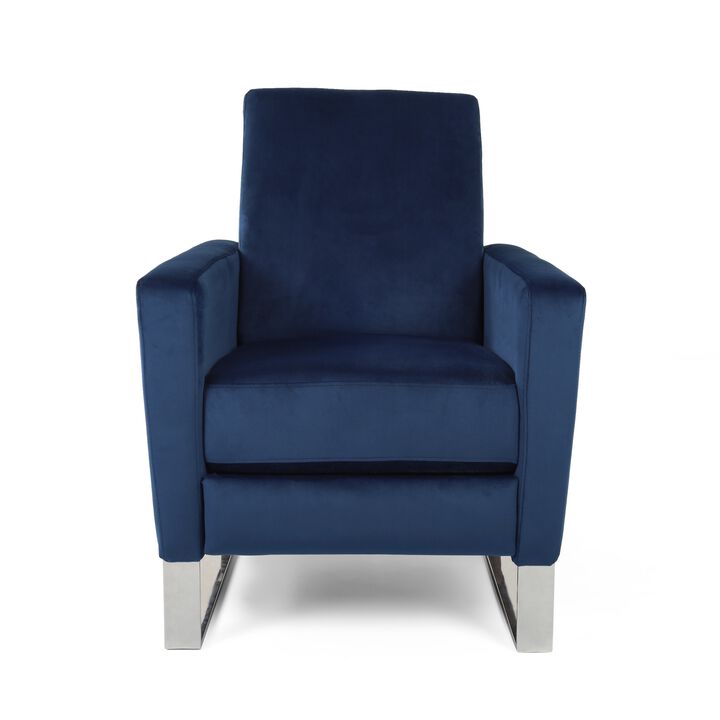 Reki Recliner Chair, Manual Push Back, Stainless Steel, Blue Velvet - Benzara