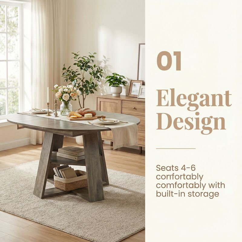 Extendable Round Dining Table for 4-8 People with Storage Shelf image number 5