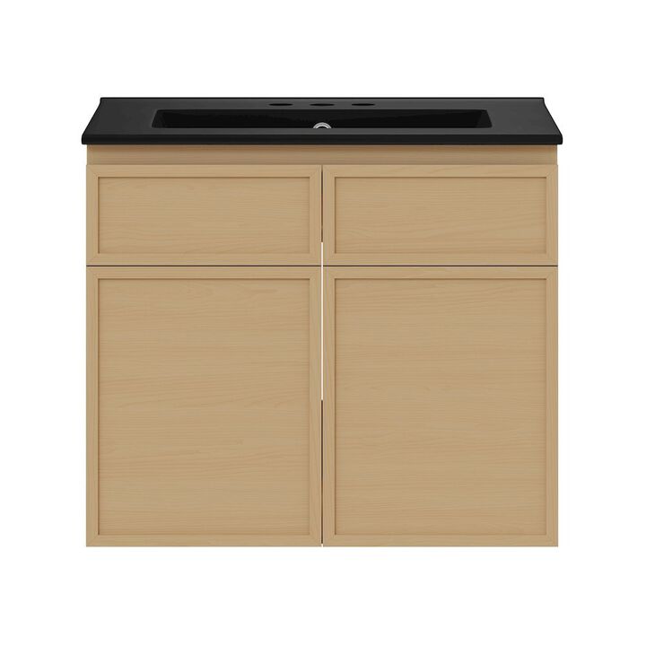 24" Wall-Mounted Bathroom Vanity, Natural Oak, Black 3-Hole Widespread Sink Top