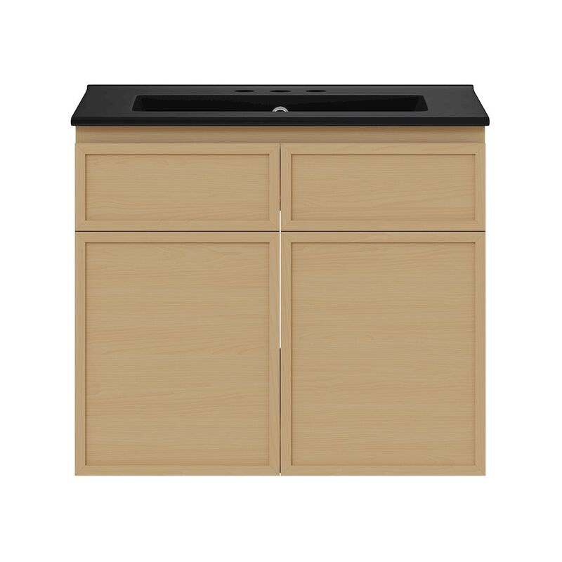 24" Wall-Mounted Bathroom Vanity, Natural Oak, Black 3-Hole Widespread Sink Top image number 0