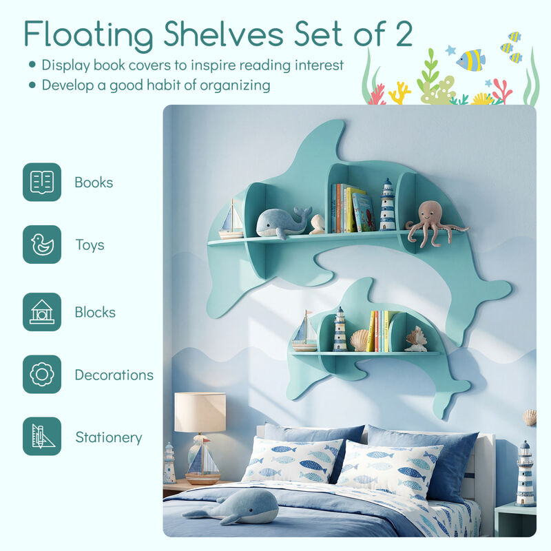 Set of 2 Wall Mounted Dolphin Shelves for Kids Room Decor and Storage-Blue image number 5