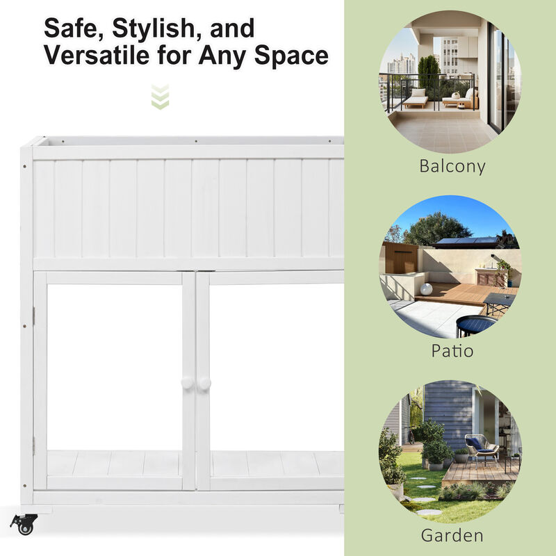 Wood Cold Frame with Raised Garden Bed & Wheels, 2-Door Greenhouse for Indoor/Outdoor Use