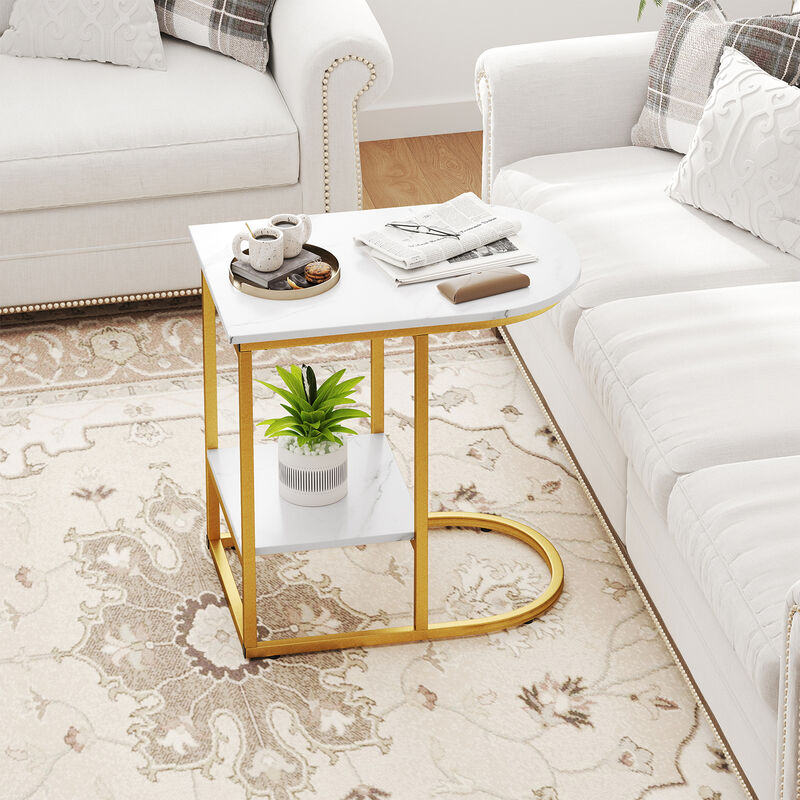 Space-Saving C-Shaped Sofa Side Table with Faux Marble and Storage Shelf