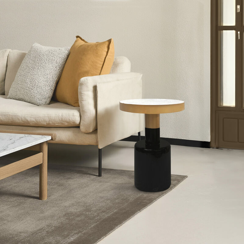 20 Inch Round Side End Table, Gold Banded Natural White Marble Top, Black Enamel Coated Iron Pedestal Base - Benzara