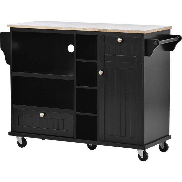 Kitchen Island Cart with Storage Cabinet and Two Locking Wheels, Solid wood desktop, Microwave cabinet, Floor Standing Buffet Server Sideboard for Kitchen Room, Dining Room, Bathroom(Black)
