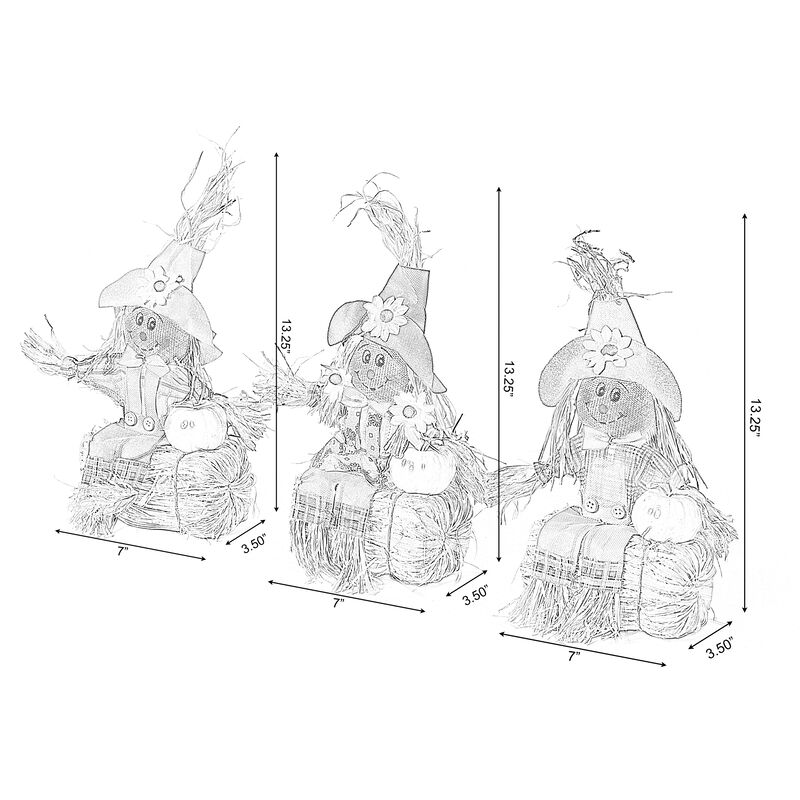 Gardenised 12 Inch Sitting on Straw and Hay Bales Multicolor Trio Scarecrows for Halloween, Fall and All Time Season Garden Decor, Scatter them Around or Gather them Together for a Mesmerizing Display