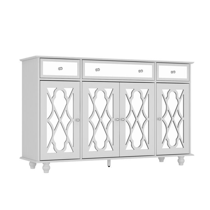 White Paint 4 Doors Mirrored Buffet Cabinet Sideboard With 3 Mirror Drawers and Adjustable Shelves for Kitchen Dining