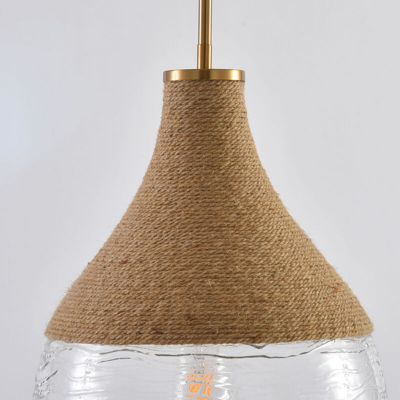 13" Modern Coastal Gold Hemp Rope Pendant Light with Vase-Shaped Water Glass Shade for Bedroom, Living Room or Kitchen Island image number 8