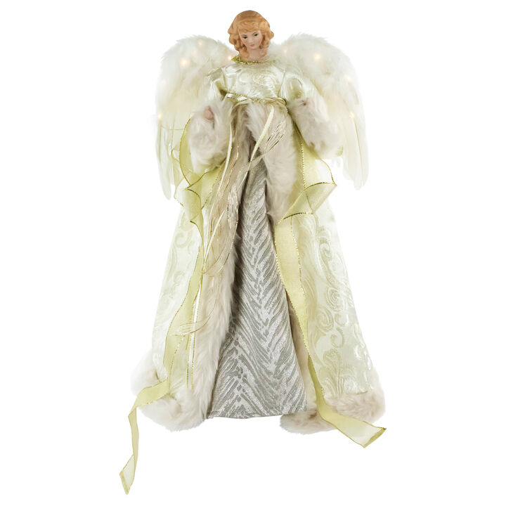 18" Lighted White and Gold Angel in a Dress Christmas Tree Topper - Warm White Lights