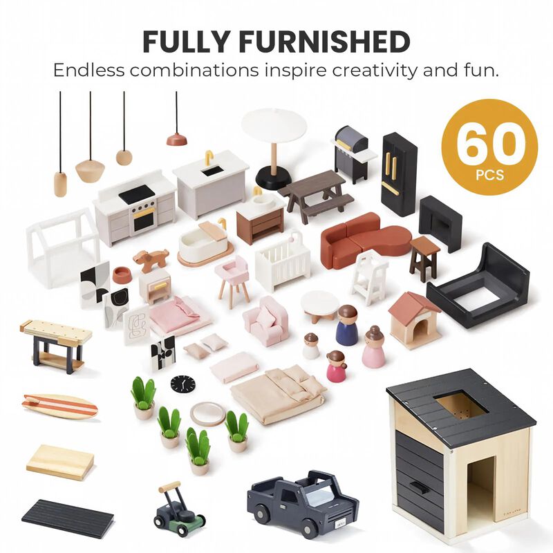 Wooden Doll House, Black Dollhouse & Dollhouse Garage & Extra Dolls Set image number 4