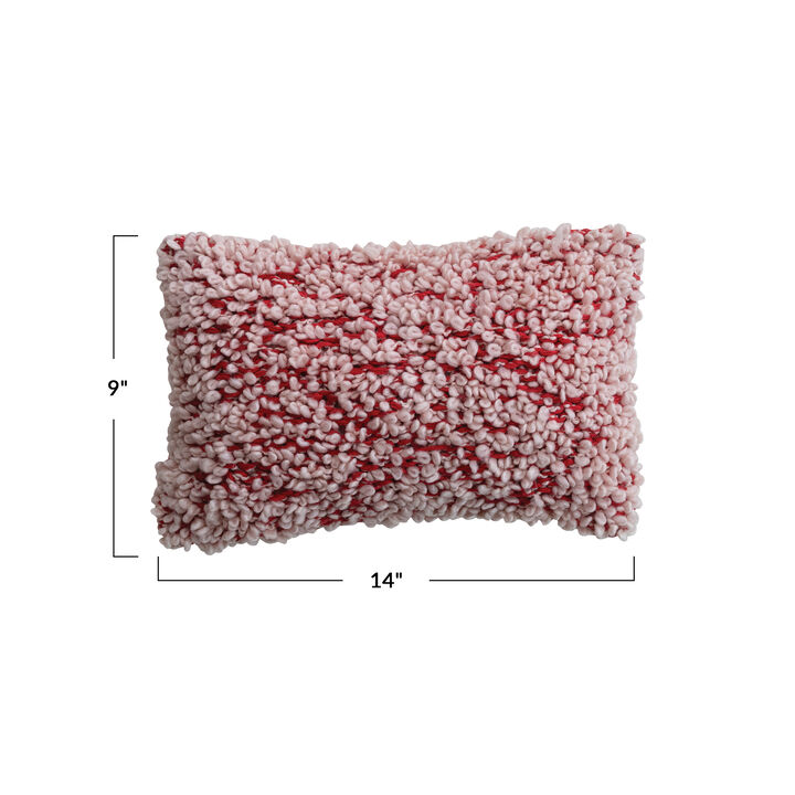 Hand-Knit Cotton Lumbar Pillow in Rosy Red & Pink