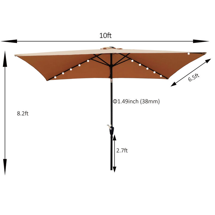 10 x 6.5t Rectangular Patio Solar LED Lighted Outdoor Market Umbrellas with Crank & Push Button Tilt for Garden Shade Outside Swimming Pool