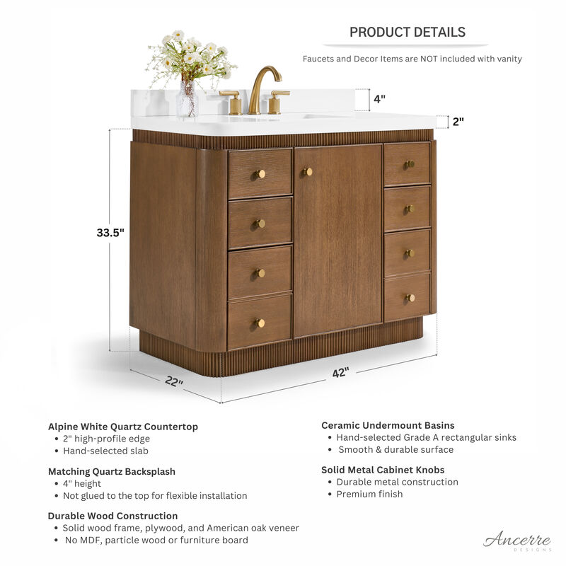 Aston 42 inch Bath Vanity Set in Chestnut Oak Finish with Alpine White Quartz Top image number 1
