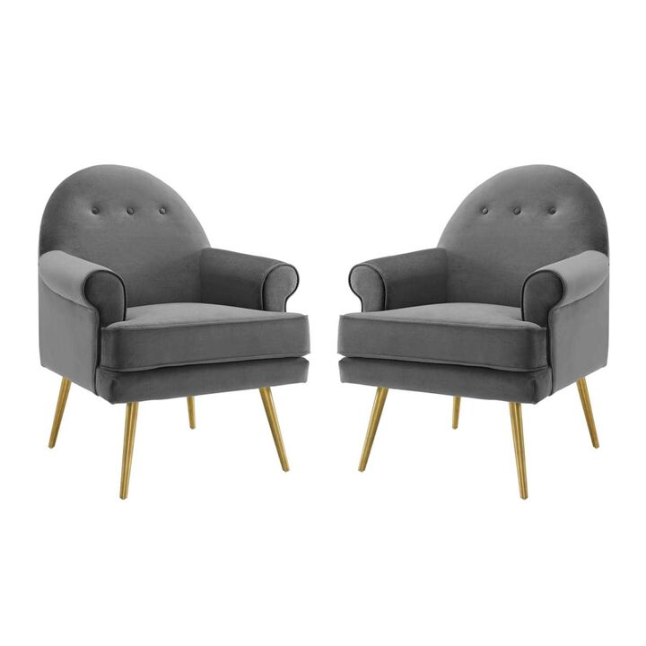 Modway Revive Mid-Century Modern Upholstered Performance Velvet Accent Lounge Arm Chair, Set of 2, Grey
