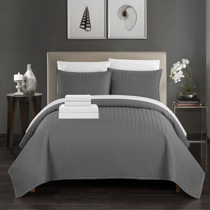 Chic Home Larsson Geometric Chevron Bed In A Bag 7 Pieces Quilt Cover Set Sheet Decorative Pillows & Shams - Queen 90x90, Charcoal Grey