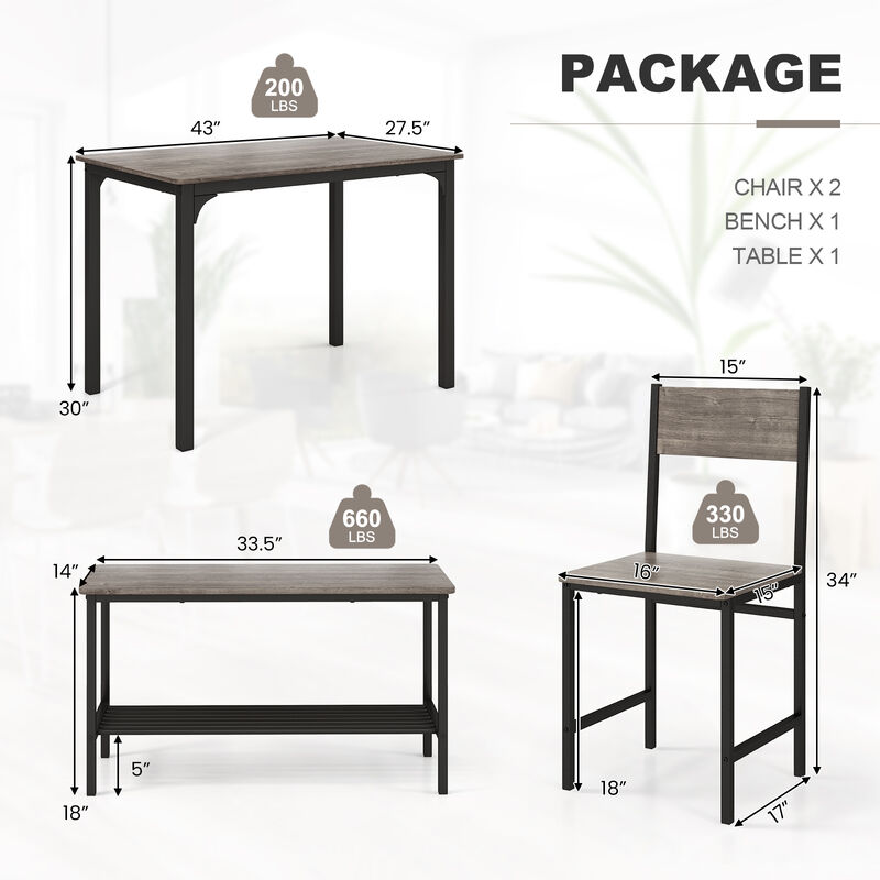 4 Pieces Rustic Dining Table Set with 2 Chairs and Bench