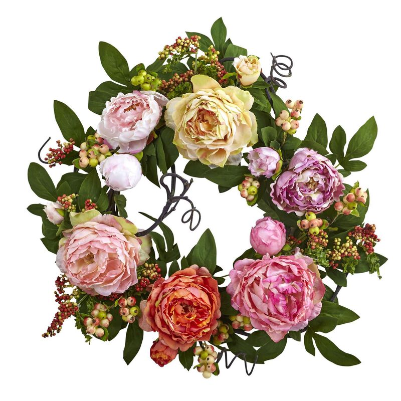Nearly Natural 20-in Mixed Peony & Berry Wreath image number 1