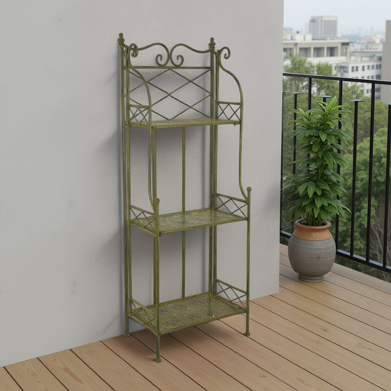 Monty Plant Stand, 3 Tier Shelves Classic Scrolled Green Metal 44 Inch - Benzara