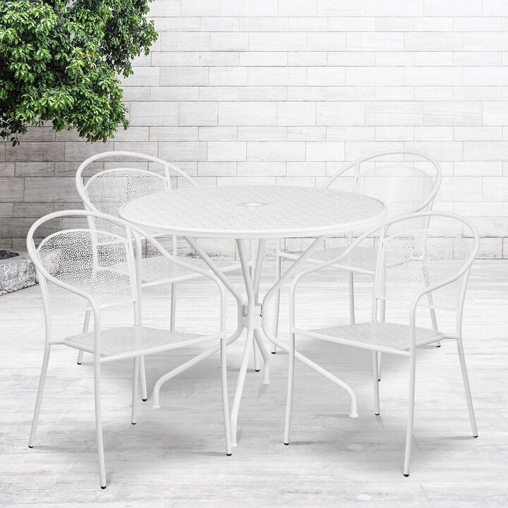 Flash Furniture Oia Commercial Grade 35.25" Round White Indoor-Outdoor Steel Patio Table Set with 4 Round Back Chairs