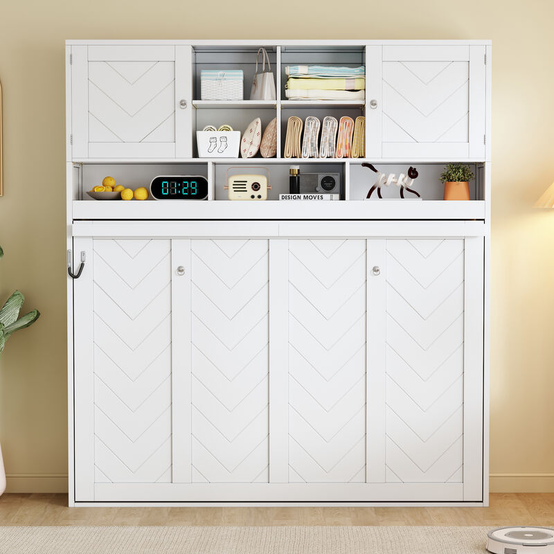 Whisen Queen Size Wall Murphy Bed with Ample Storage Space and Chevron Stripes
