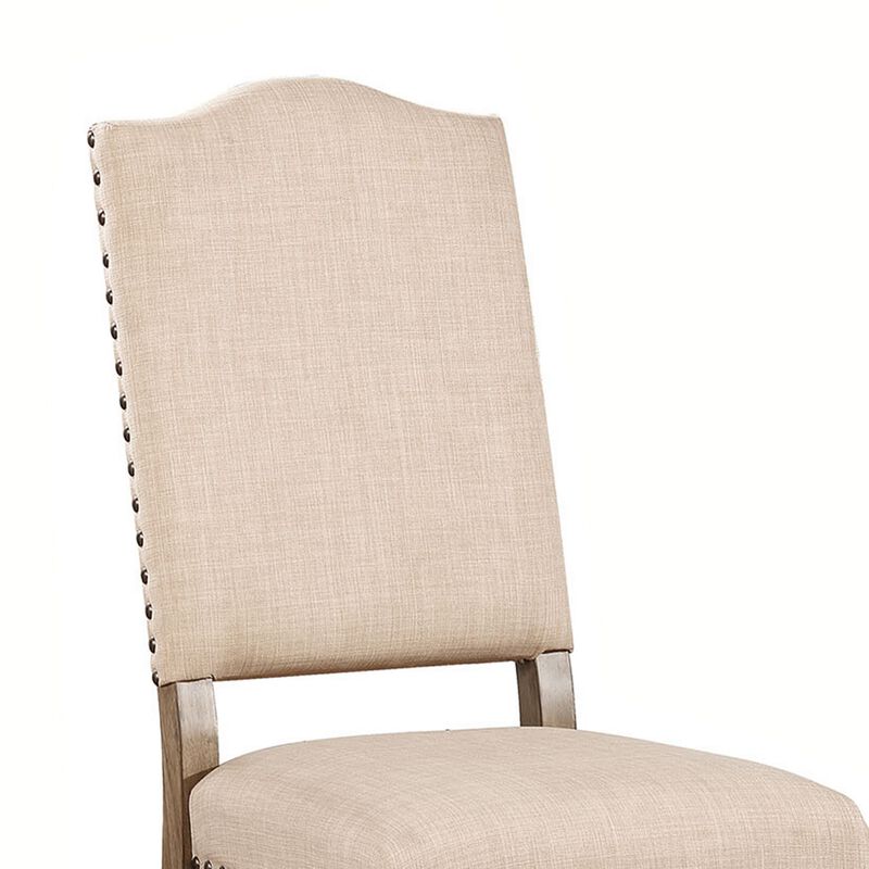 Fabric Upholstered Solid Wood Side Chair, Pack of Two, Beige and Brown-Benzara