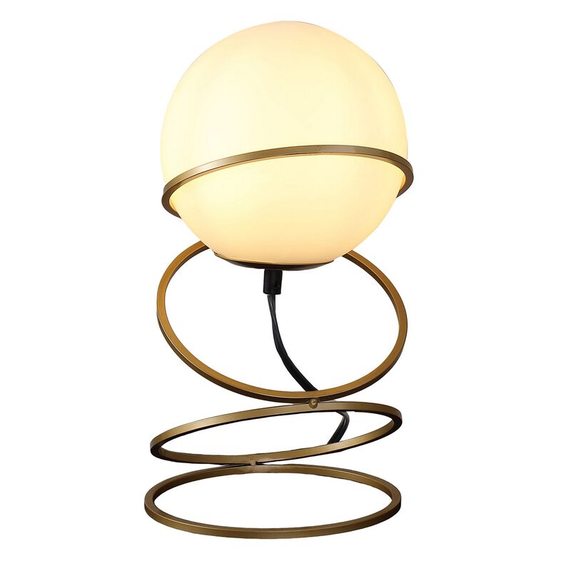 Table Lamp, White Glass Globe, 4 Spiral Ring Accented Base 14 Inch - Benzara