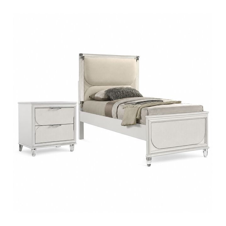 Full Bedroom Set, Pearl White and Clear, 2 Piece Set with Nightstand