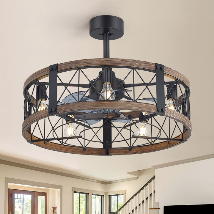 Breezary 28" Fandelier Ceiling Fan with Lights, 5 x E26 Base, Industrial Caged Fan, 6-Speed Remote