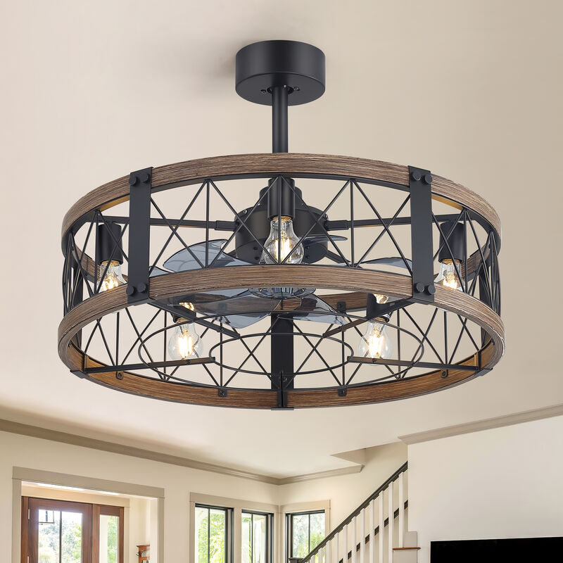 Breezary 28" Fandelier Ceiling Fan with Lights, 5 x E26 Base, Industrial Caged Fan, 6-Speed Remote image number 1
