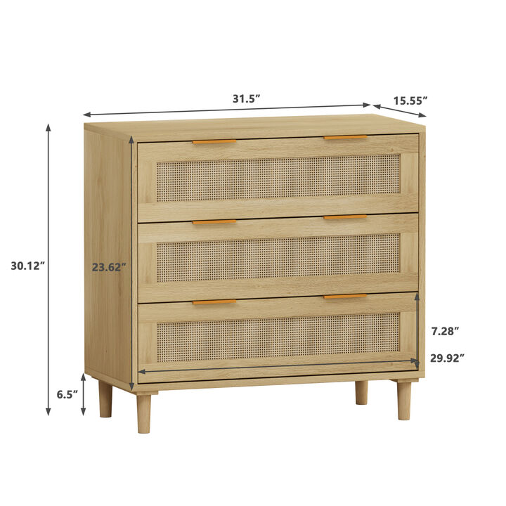 31.50"3-Drawers Rattan Storage Cabinet Rattan Drawer, for Bedroom, Living Room, Dining Room, Hallways, Oak