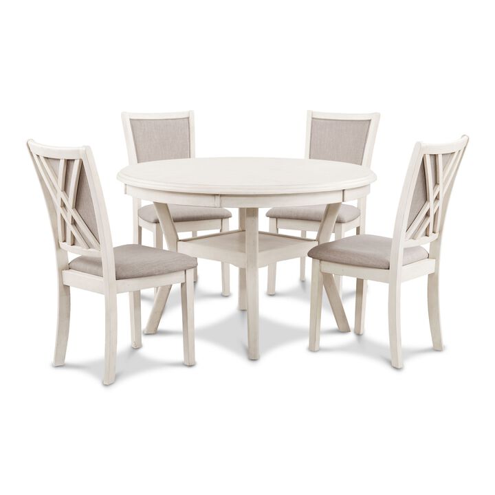 Aine 5 Piece Round Dining Table and Chair Set, White Wood, Fabric Seat - Benzara