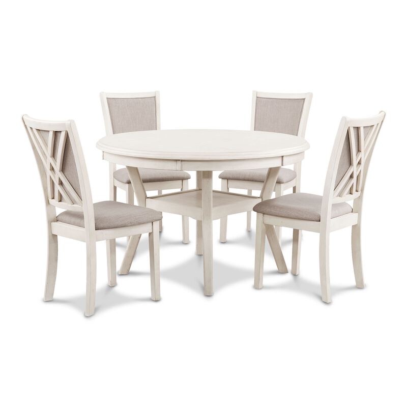 Aine 5 Piece Round Dining Table and Chair Set, White Wood, Fabric Seat - Benzara