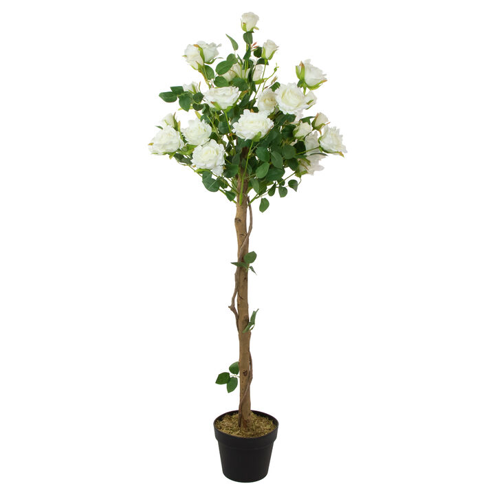 4' Green and White Potted Floral Artificial Rose Garden Tree