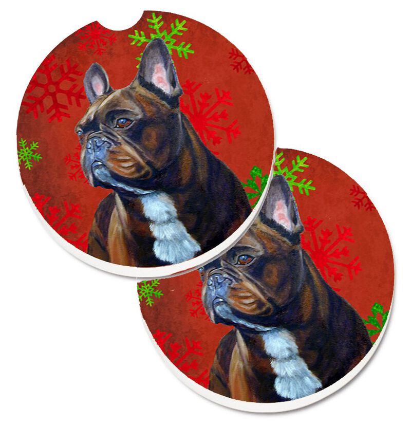 Caroline's Treasures French Bulldog Red & green Snowflakes Holiday Christmas Set of 2 Cup Holder Car Coasters LH9340CARC, 2.56, Multicolor image number 0