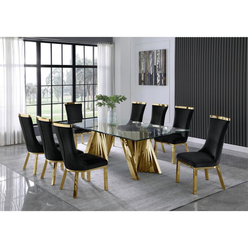 9pc dining set- Recatngle Glass table with gold color base and Black velvet chairs