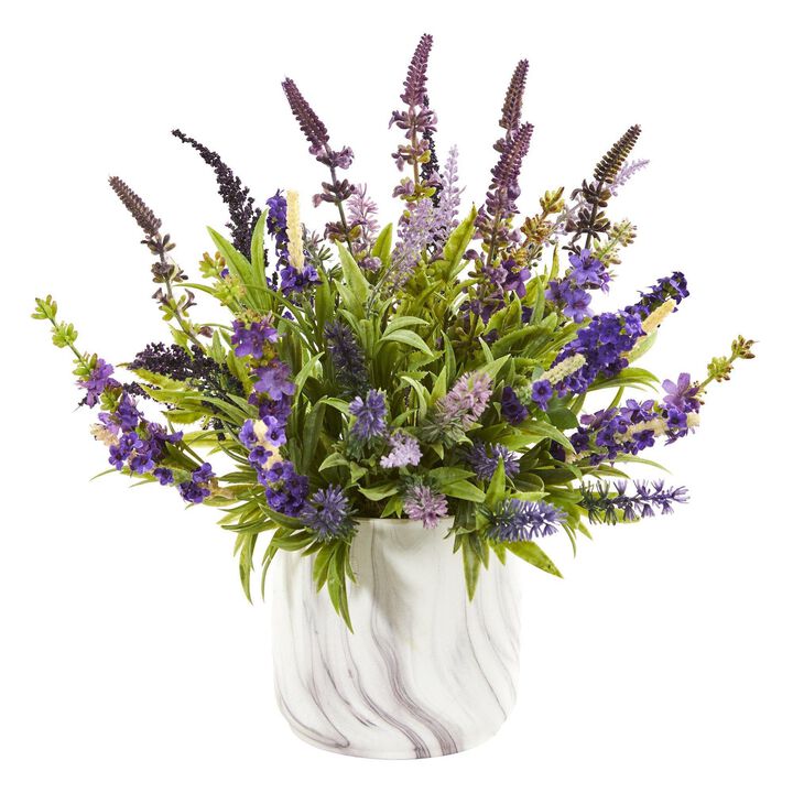 Nearly Natural 15-in Lavender Artificial Arrangement in Marble Vase