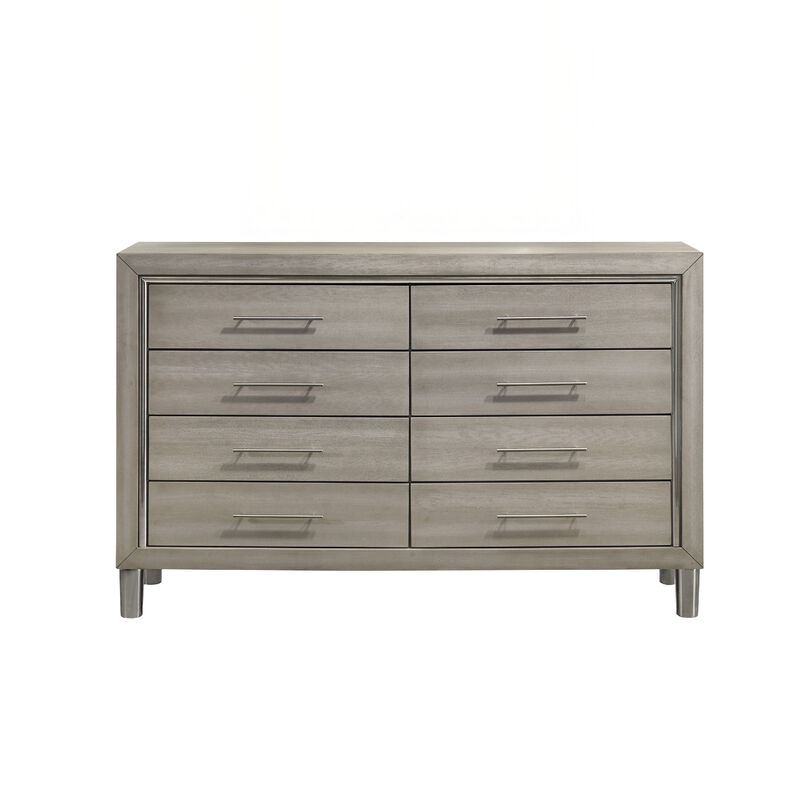 Levy 64 Inch Wide Dresser, 8 Drawers, Silver Trim, Ash Gray Laminate Wood image number 2
